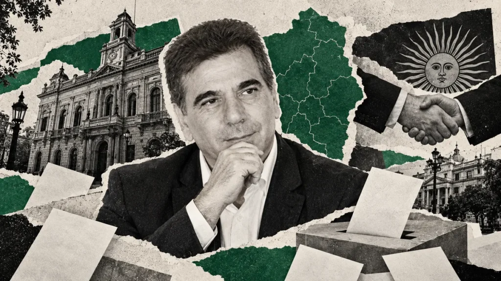 Cristian Ritondo reconocible en collage conceptual sobre municipios y alianzas; retrato de archivo, no fotografía de un acuerdo