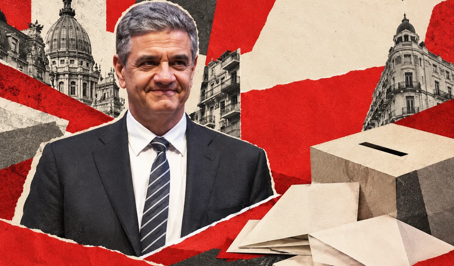 Collage conceptual original de La Red, 27/10/2026, asistido por IA. Retrato de archivo de Jorge Macri derivado de fotografía de su asunción del 7/12/2023, Gobierno de la Ciudad de Buenos Aires, CC BY 2.5 Argentina, vía Wikimedia Commons (Asunción Jorge Macri 2). Recorte y composición nuevos; no fotografía de una reunión o acuerdo de 2026.