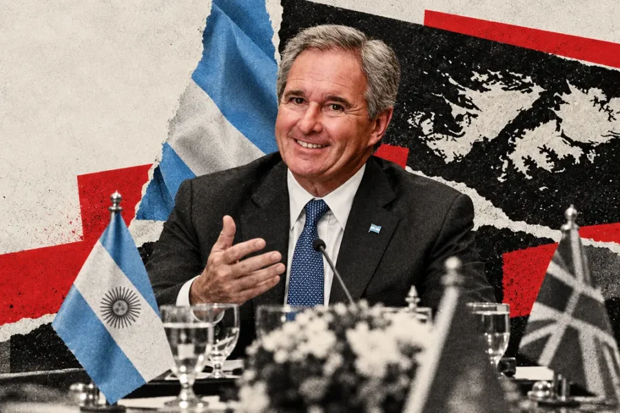 Collage editorial conceptual. Quirno reclama negociar Malvinas ante el embajador británico. No es una fotografía del acontecimiento.