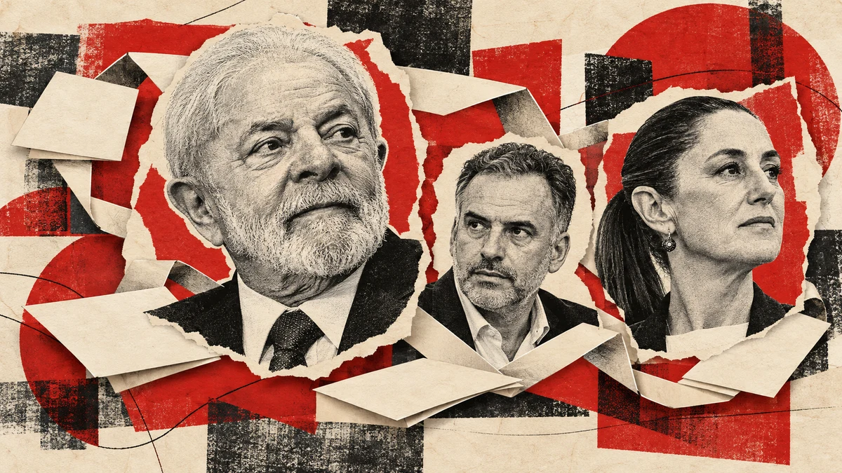 Collage conceptual original de La Red, asistido por IA,26/10/2026. Retratos sintéticos separados de Lula, Yamandú Orsi y Claudia Sheinbaum, con carpetas y conexiones de papel ilustrativas. No fotografía de una reunión, contrato o inversión ejecutados.