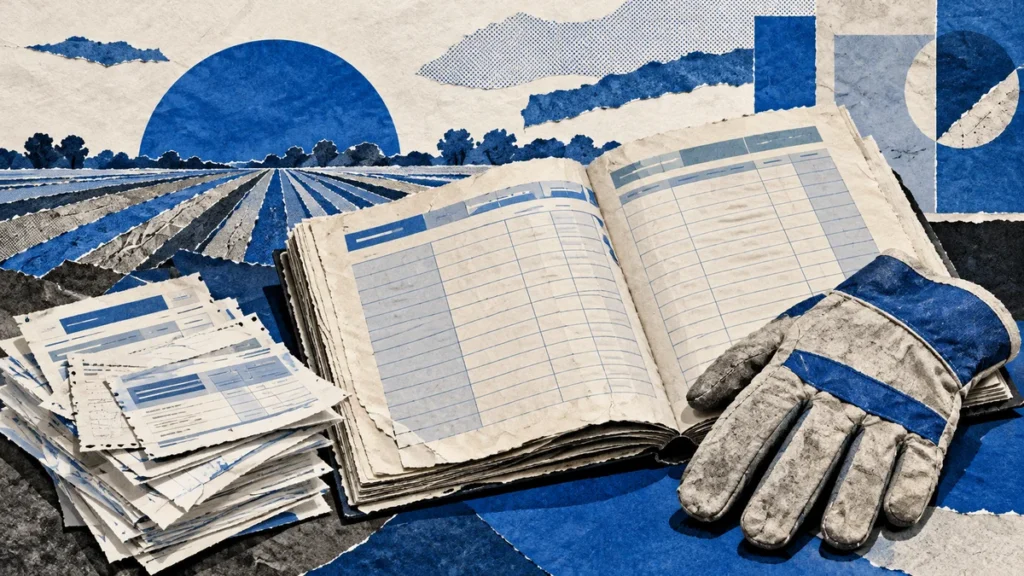 Collage azul de un libro de registro, guantes de trabajo y comprobantes recortados en papel: representación conceptual del empleo rural y sus contribuciones