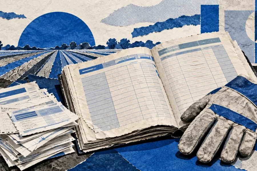 Collage azul de un libro de registro, guantes de trabajo y comprobantes recortados en papel: representación conceptual del empleo rural y sus contribuciones