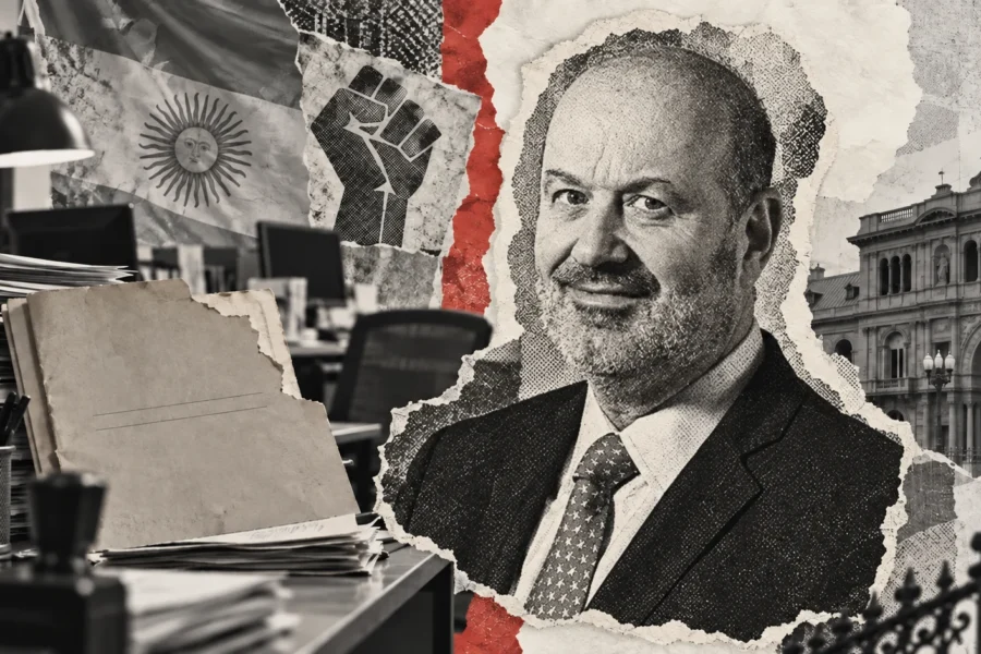 Collage editorial conceptual: Federico Sturzenegger. El Gobierno prepara retiros y ATE cuestiona el plan. No es registro documental del acontecimiento.