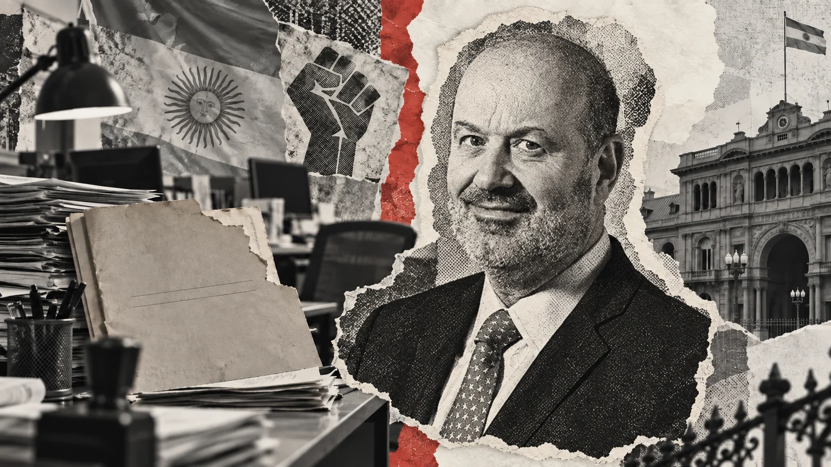 Collage editorial conceptual: Federico Sturzenegger. El Gobierno prepara retiros y ATE cuestiona el plan. No es registro documental del acontecimiento.