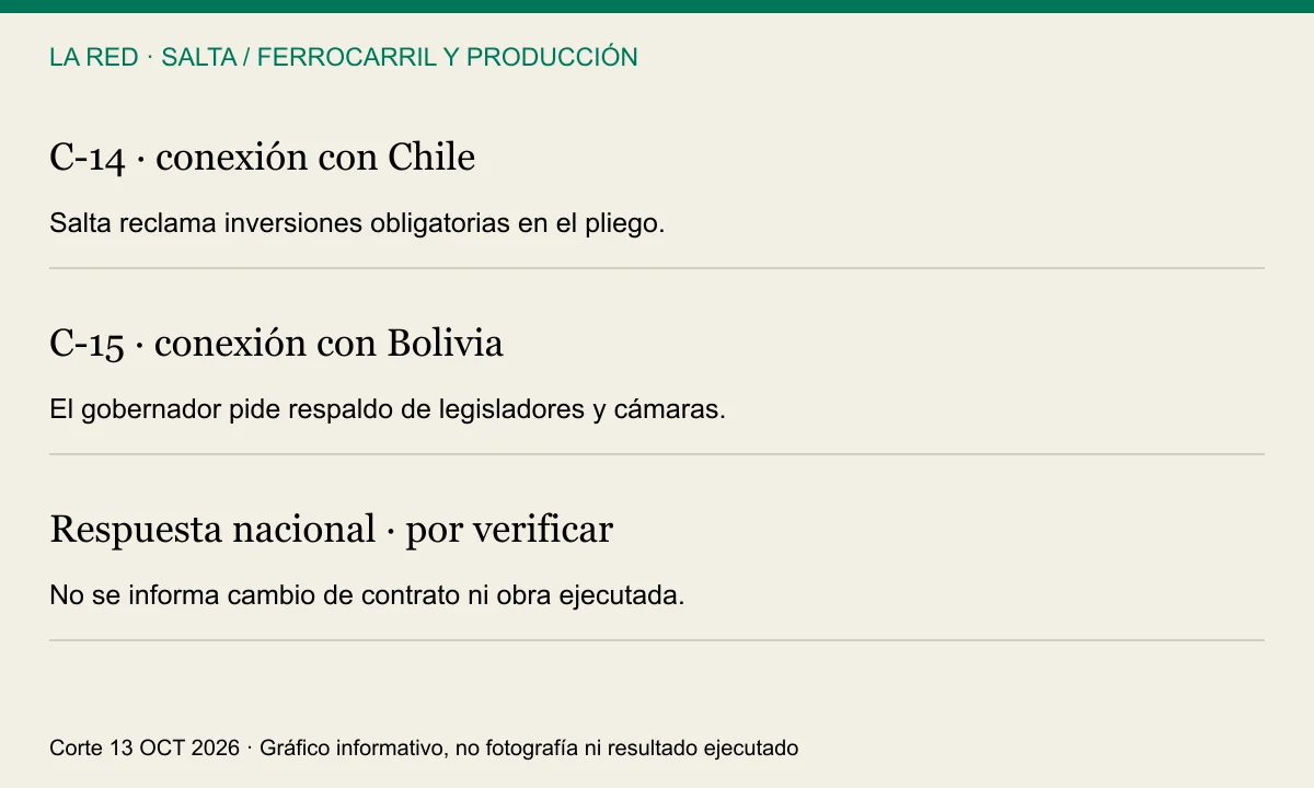 Reclamo de Salta: C-14 hacia Chile y C-15 hacia Bolivia; obras obligatorias solicitadas, cambio de pliegos por verificar