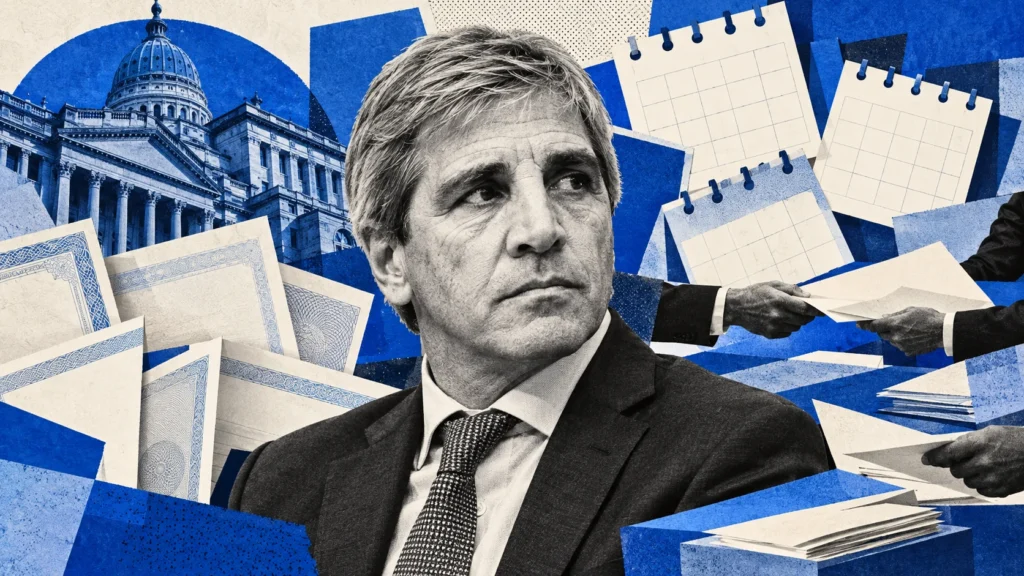 Collage conceptual original de La Red, asistido por IA, 26/10/2026. Retrato sintético de Luis Caputo y papeles financieros, calendarios y circulación de documentos ilustrativos, sin tasas ni datos reales. No fotografía de una operación o documento oficial.