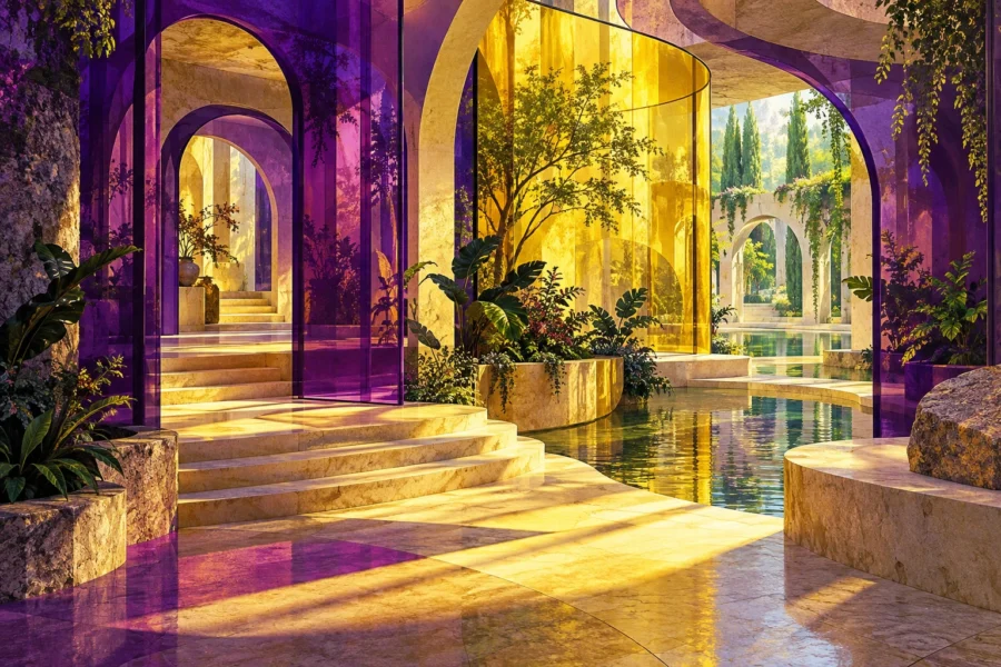 Ilustración onírica: pasajes violetas, planos de vidrio amarillo y un patio verde unidos por un recorrido transitable.