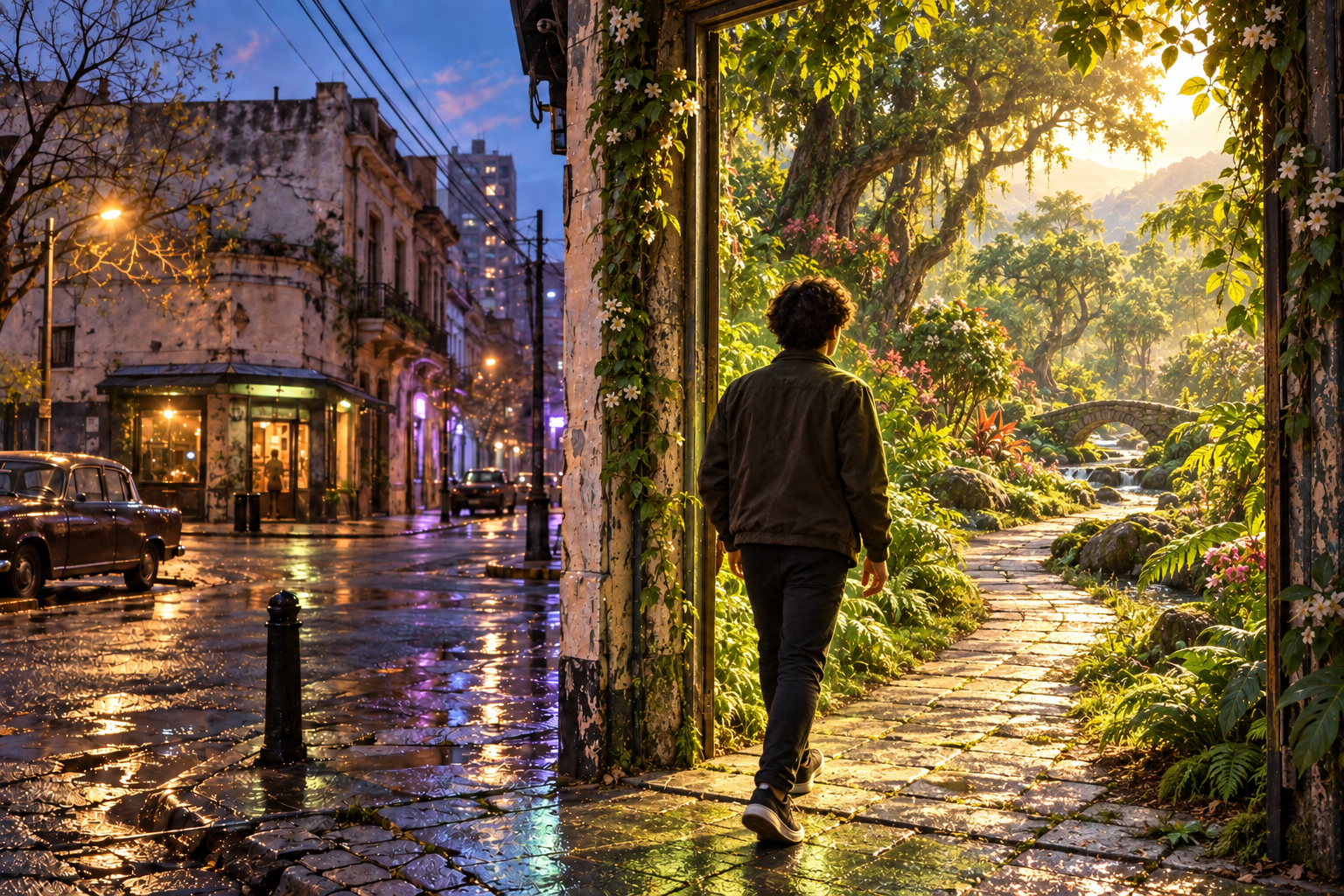 Arte editorial: una persona cruza un umbral desde una calle urbana hacia un jardín verde y luminoso, conectado por un sendero.