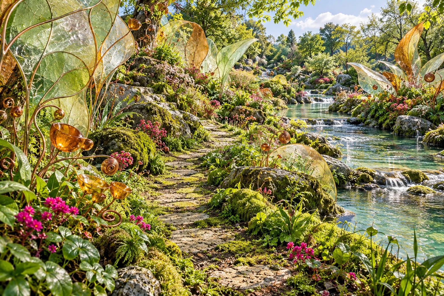 Ilustración onírica de un sendero verde junto al agua, entre membranas vegetales translúcidas y formas de vidrio y cobre.