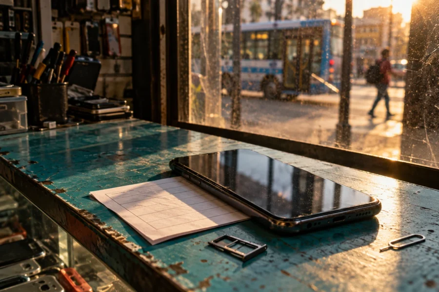 Ilustración: un teléfono y una bandeja SIM sobre un mostrador, con reflejos de la calle a través del vidrio.
