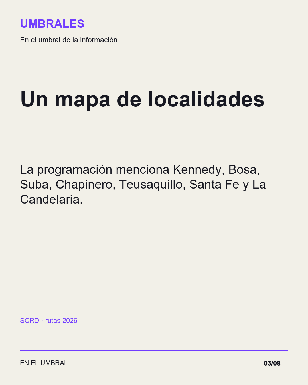 Un mapa de localidades: La programación menciona Kennedy, Bosa, Suba, Chapinero, Teusaquillo, Santa Fe y La Candelaria.
