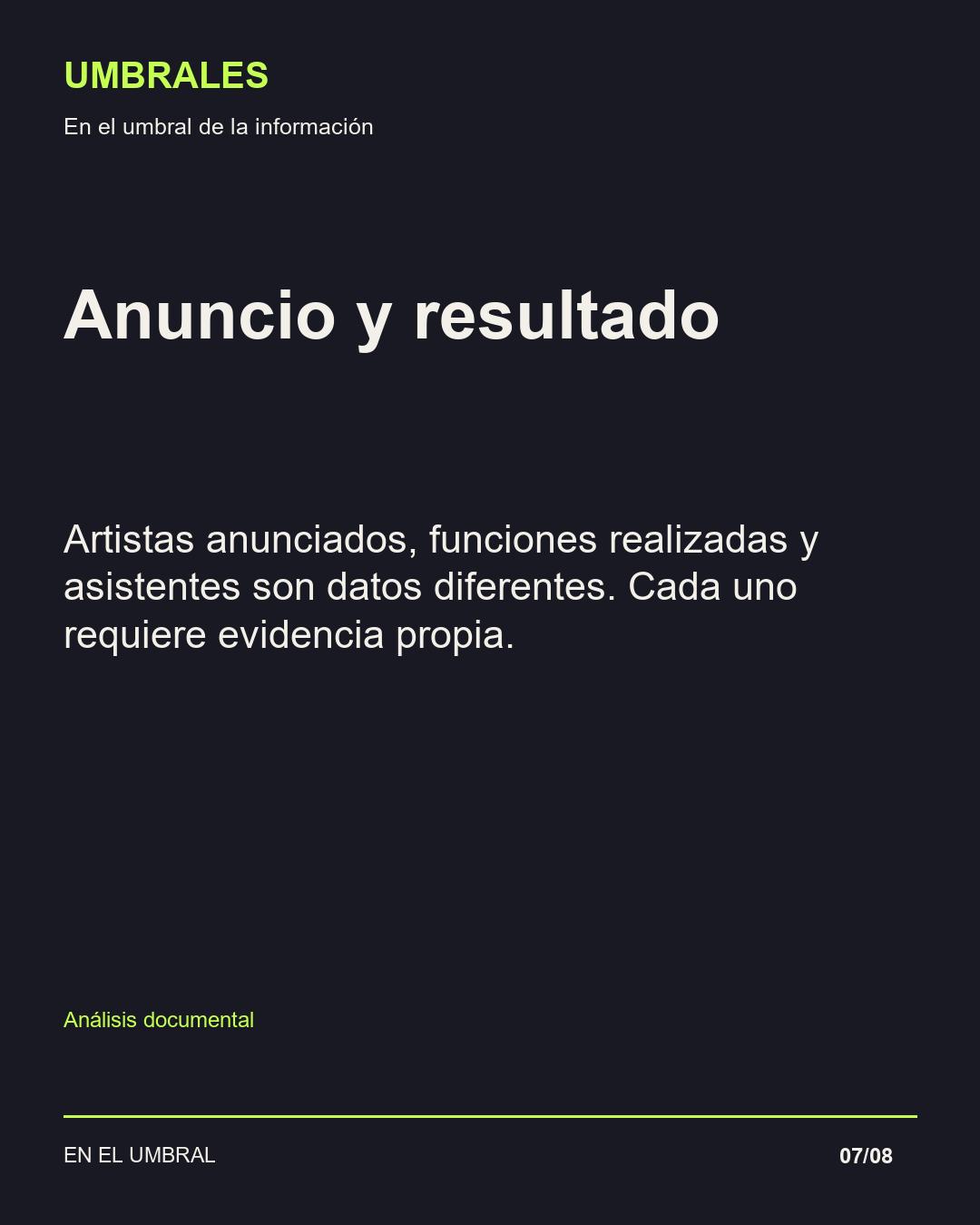 Anuncio y resultado: Artistas anunciados, funciones realizadas y asistentes son datos diferentes. Cada uno requiere evidencia propia.