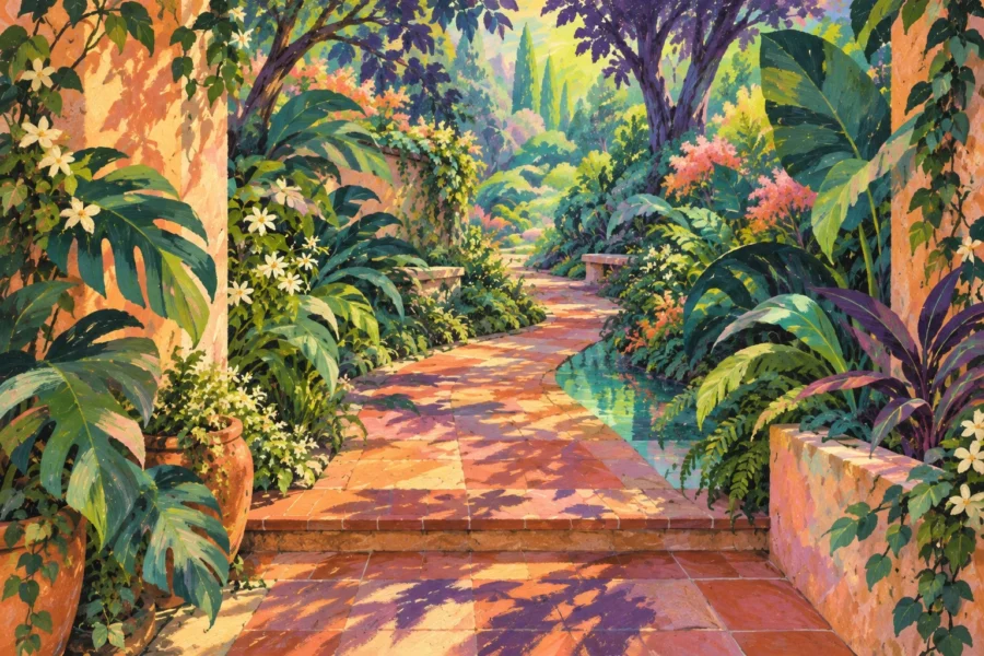 Ilustración de un sendero de baldosas terracota que atraviesa un jardín de verdes intensos, sombras violetas y un reflejo turquesa.