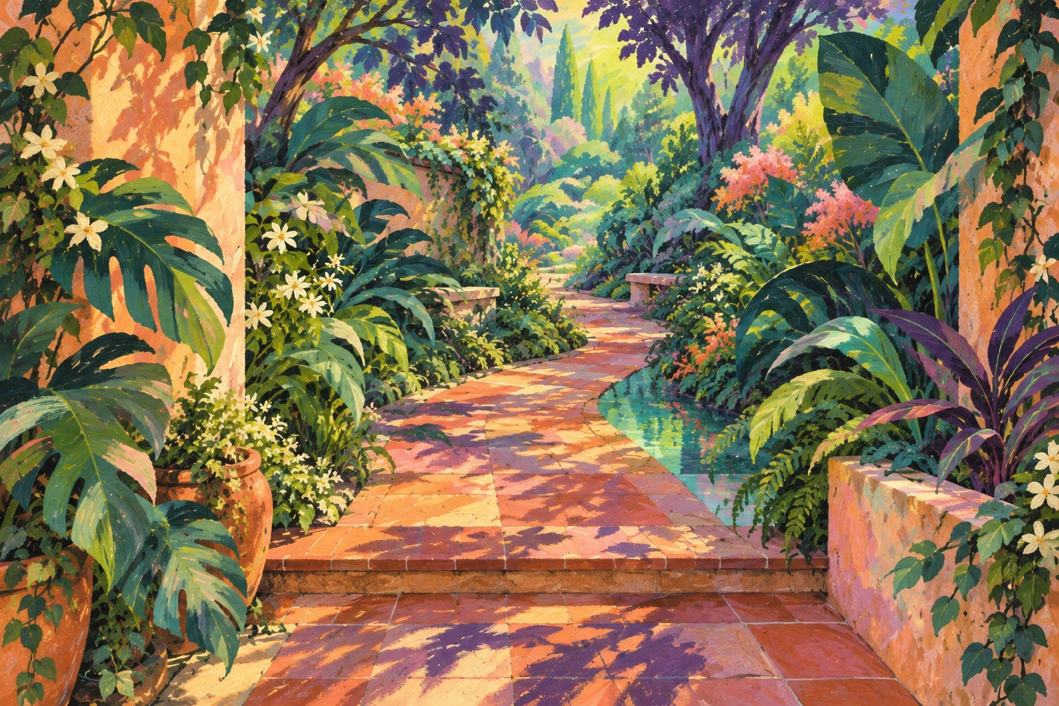 Ilustración de un sendero de baldosas terracota que atraviesa un jardín de verdes intensos, sombras violetas y un reflejo turquesa.