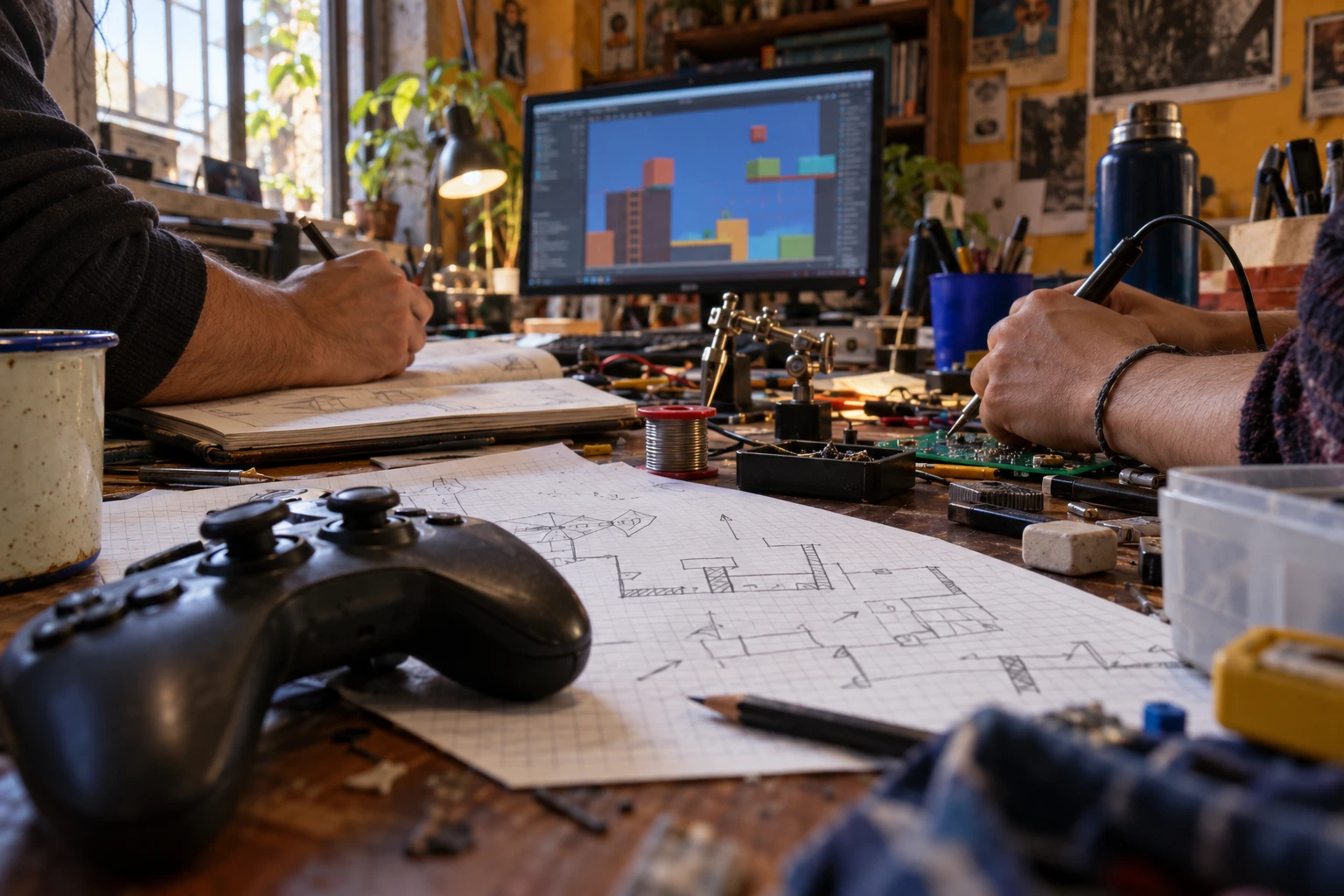 Ilustración conceptual de manos trabajando sobre un cuaderno de diseño, un control y una mesa de creación de videojuegos.