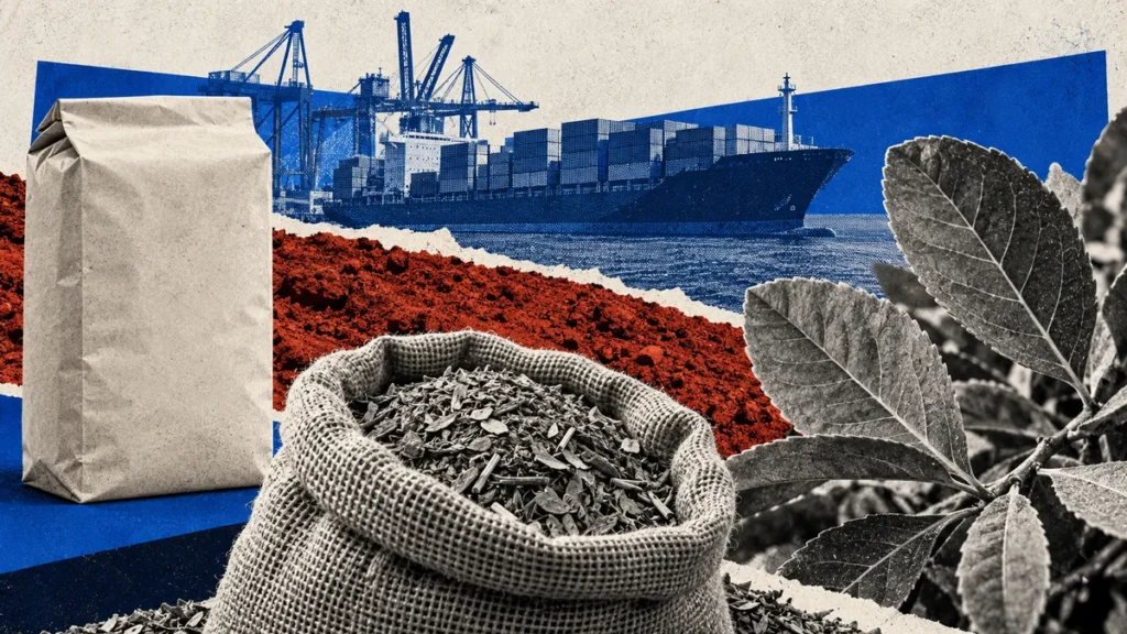 Hojas de yerba, saco, paquete y carguero en collage conceptual sobre distribución del valor