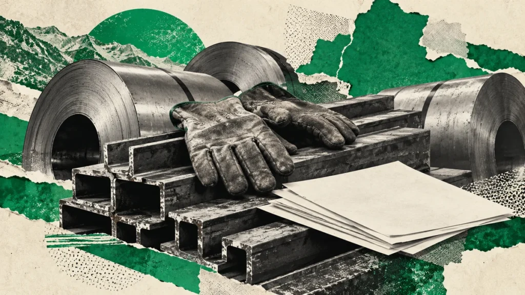 Collage verde con perfiles y rollos de acero, guantes vacíos y papeles genéricos: trabajo industrial y negociación