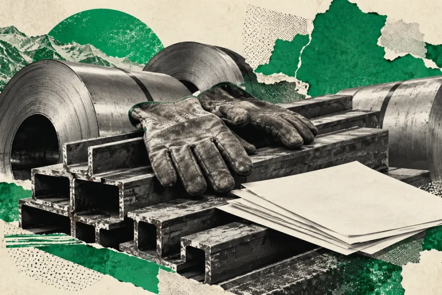 Collage verde con perfiles y rollos de acero, guantes vacíos y papeles genéricos: trabajo industrial y negociación